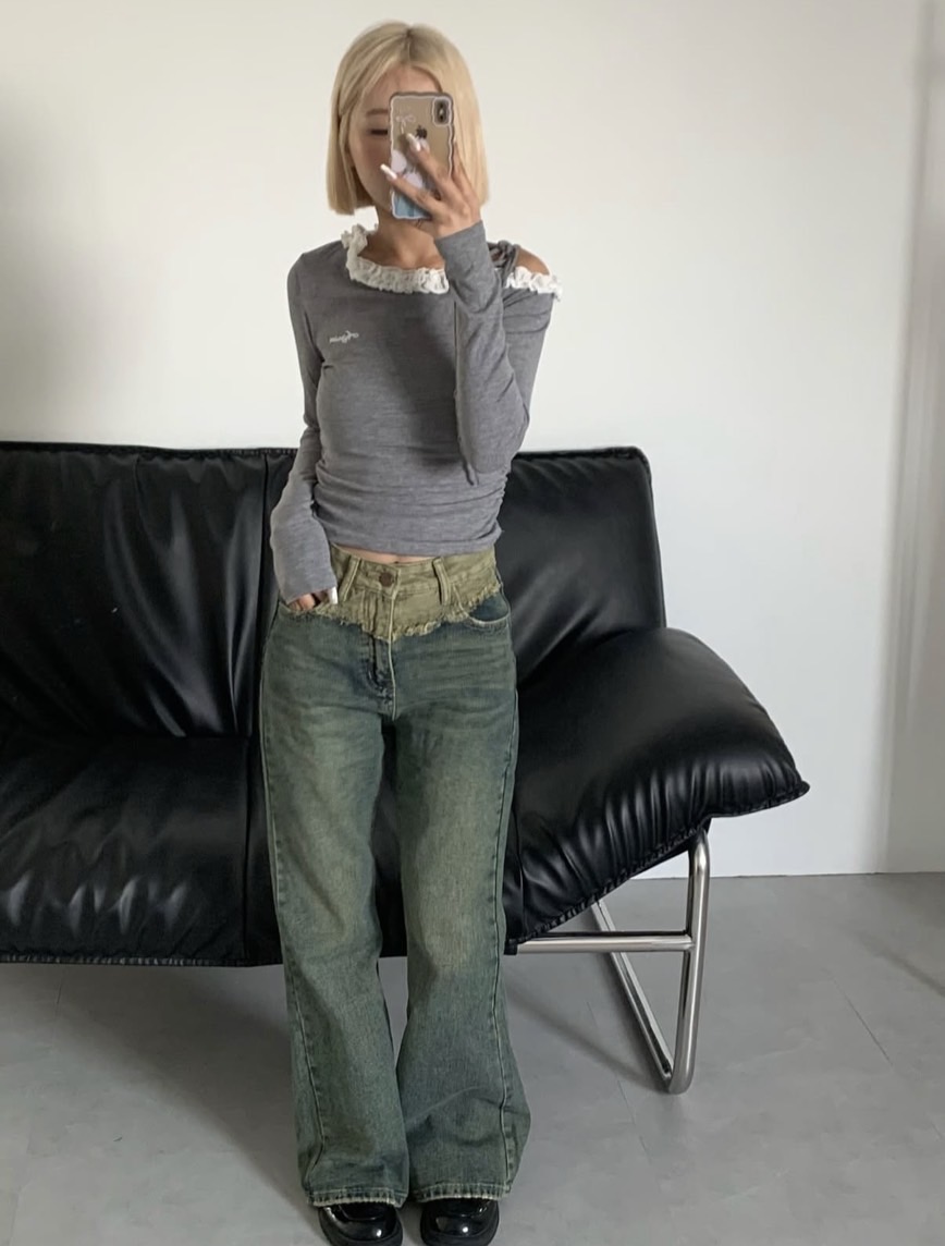 b19拼接褲頭牛仔喇叭褲 b19拼接褲頭牛仔喇叭褲