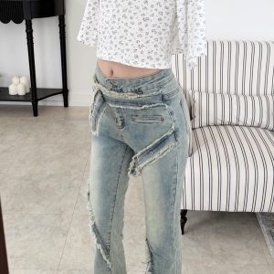 鬚邊腰帶刷白喇叭褲