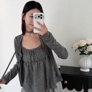 日系清新格紋兩件套